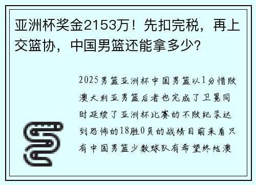 亚洲杯奖金2153万！先扣完税，再上交篮协，中国男篮还能拿多少？